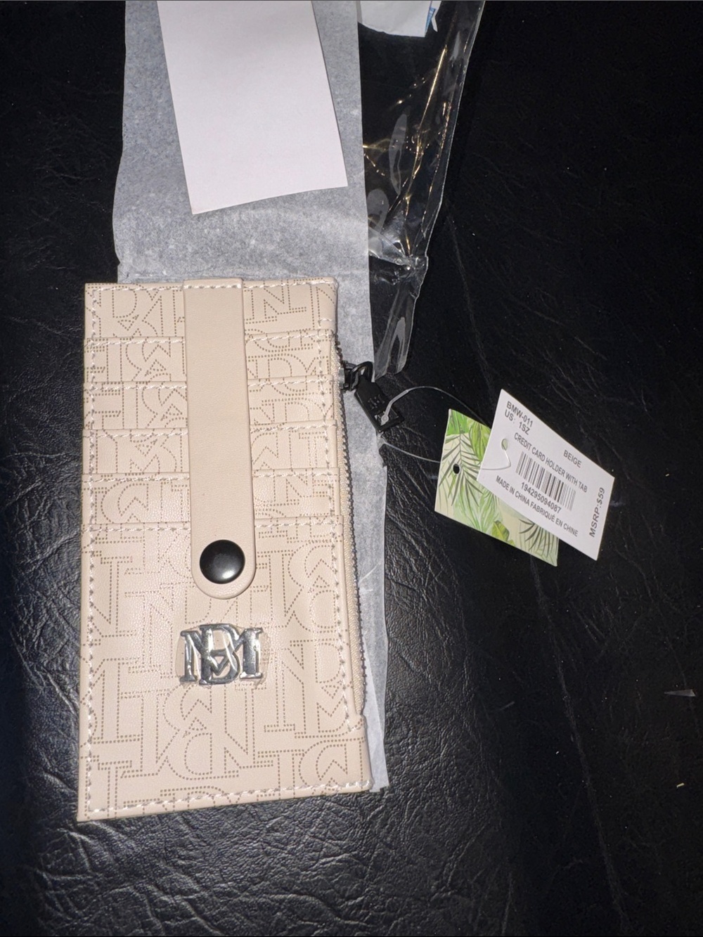 Badgley Mischka Beige Card Holder with Black Logo NEW